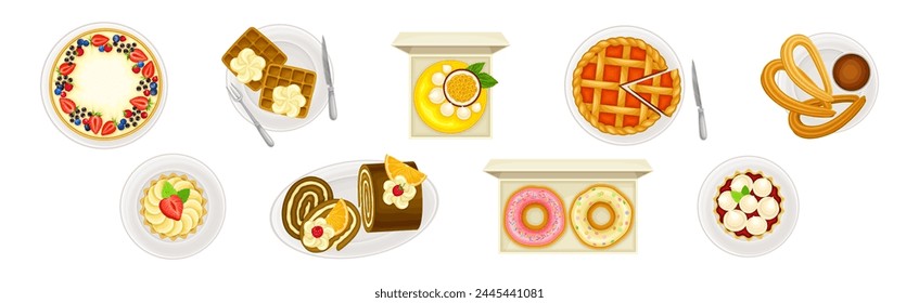 Sugary Dessert and Sweet Baked Pastry Above View Vector Set