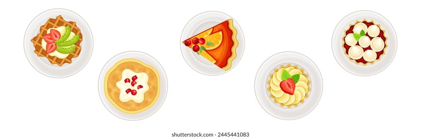 Postre azucarado y pasteles dulces al horno sobre la vista Conjunto de Vector