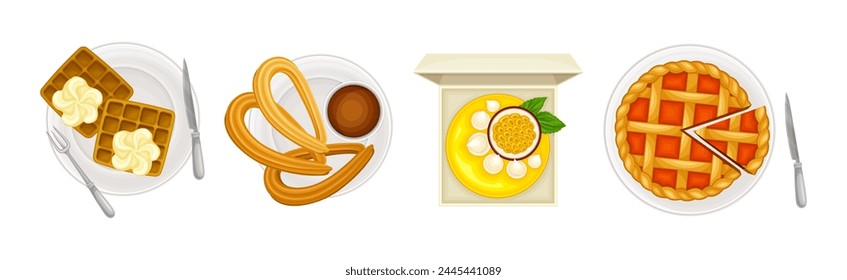 Sugary Dessert and Sweet Baked Pastry Above View Vector Set