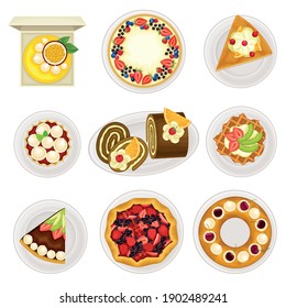 Sugary Desserts with Cheesecake and Rolled Cake Served on Plate Vector Set