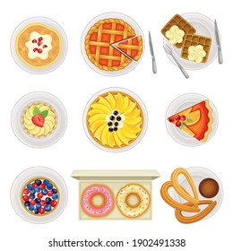 Sugary Desserts with Fruit Pie and Tart Served on Plate Vector Set