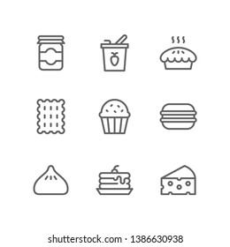 Sugary Food icon set including jam jar, yogurt, pie, biscuit, bakery, cupcake, macaron, bun, pancake, cheese