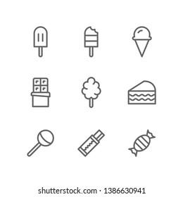 Sugary Food icon set including popsicle, ice cream, chocolate, cotton candy, cake, lollipop, chewing gum, sweet