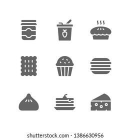 Sugary Food icon set including jam jar, yogurt, pie, biscuit, bakery, cupcake, macaron, bun, pancake, cheese