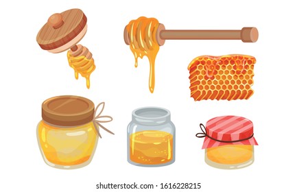 Sugary Honey in Jars and Honey Combs Vector Set