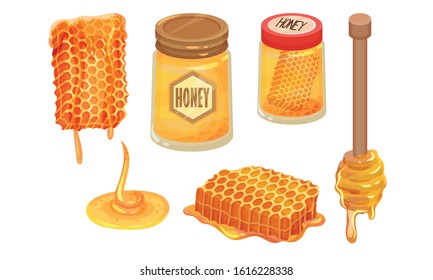 Sugary Honey in Jars and Honey Combs Vector Set