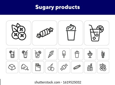 Sugary products line icon set. Soda, lemonade, ice cream, chocolate, candy, fruit, sweets. Food concept. Can be used for topics like confection, unhealthy diet, addiction