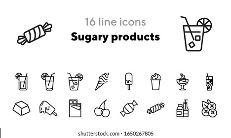 Sugary products line icon set. Soda, lemonade, ice cream, chocolate, candy, fruit, sweets. Food concept. Can be used for topics like confection, unhealthy diet, addiction