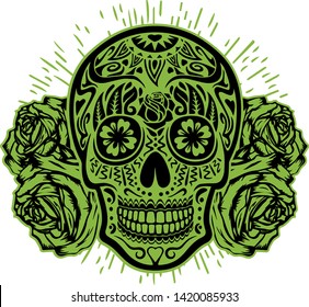 Suggar skull with roses, green - Vector