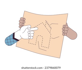 Suggesting changes to blueprint home linear cartoon character hands illustration. Brainstorming building project outline 2D vector image, white background. Improvement editable flat color clipart