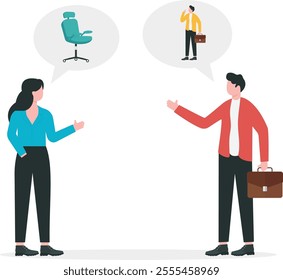 Suggesting person for job vacancy, looking for skilled worker base on connection, right person for right job concept, Businessman recommending talented guy for company vacancy of female friend.

