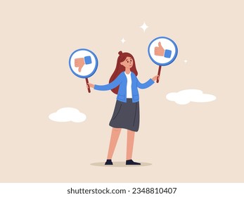 Suggestion concept. Do and Don't list, advice or rules that make business success, things to do, solutions or to avoid mistake and error, businesswoman holding waring thumb up and thumb down sign.