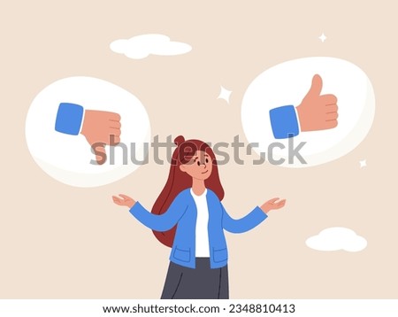 Suggestion concept. Do and Don't list, advice or rules that make business success, things to do, solutions or to avoid mistake and error, businesswoman holding waring thumb up and thumb down sign.