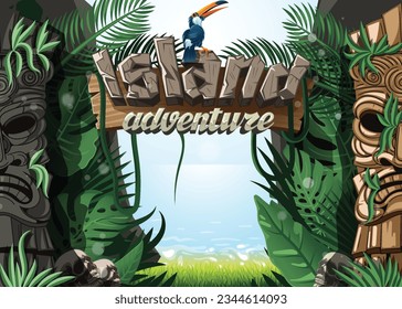 Suggestion for the start page of the mobile game Island Adventure, with exotic backgrounds and idols.