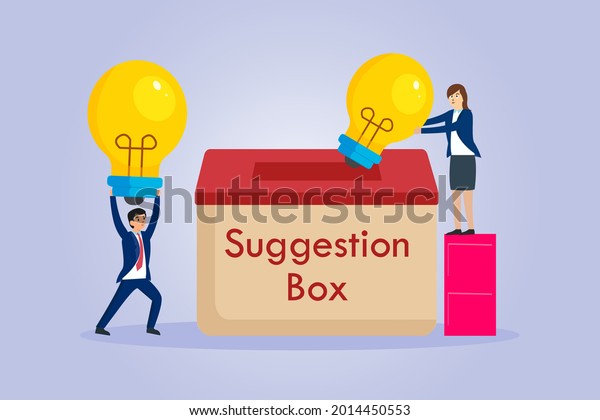 Suggestion vector concept. Business people\
putting light bulb into a suggestion\
box