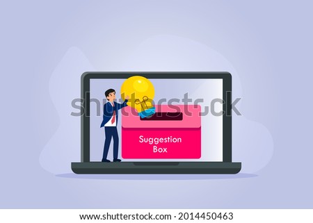 Suggestion vector concept. Businessman putting a light bulb into online suggestion box on the laptop computer