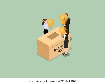 Suggestion vector concept. Group of business people putting light bulb into a suggestion box