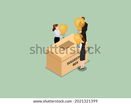 Suggestion vector concept. Group of business people putting light bulb into a suggestion box