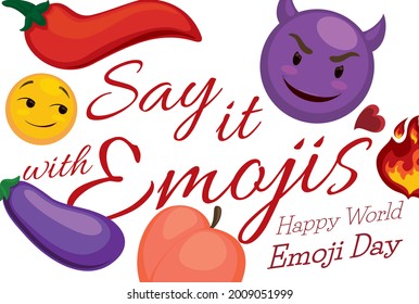 
Suggestive emojis used during conversations: chili pepper, eggplant, flame, peach, heart, smirking face and smiling devil face with horns celebrating a naughty World Emoji Day.