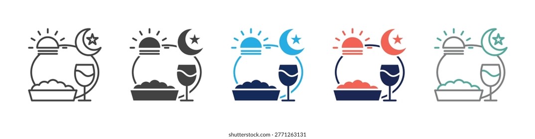 suhoor and iftar icon set consisting of multiple styles. vector illustration