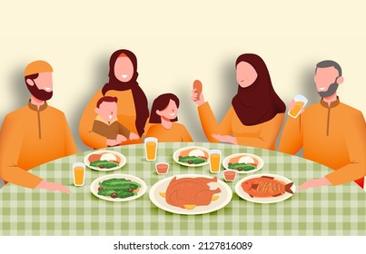 Suhoor and Iftar Party with Family During Ramadan Month Vector Illustration, Happy Fasting For Moslem, Eat Together With Moslem Family, Ramadhan kareem and Eid Mubarak