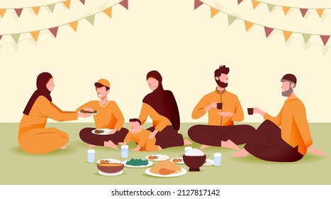 Suhoor and Iftar Party with Family During Ramadan Month Vector Illustration, Happy Fasting For Moslem, Eat Together With Moslem Family, Ramadhan kareem and Eid Mubarak