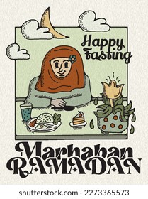 Suhoor and Iftar Party with Family During Ramadan Month Vector Illustration, Happy Fasting For Moslem, Eat Together With Moslem Family, Ramadhan kareem and Eid Mubarak