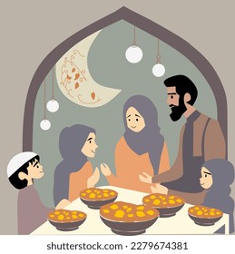 Suhoor and Iftar Party with Family During Ramadan Month Vector Illustration, Happy Fasting For Moslem, Ramadhan kareem and Eid Mubarak