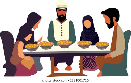 Suhoor and Iftar Party with Family During Ramadan Month Vector Illustration, Happy Fasting For Moslem, Ramadhan kareem and Eid Mubarak. Flat design illustration