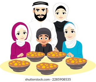 Suhoor and Iftar Party with happy Family During Ramadan Month Vector Illustration, Happy Fasting For Moslem, Ramadhan kareem and Eid Mubarak