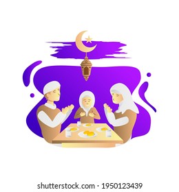 Suhoor illustration muslim family praying before eating