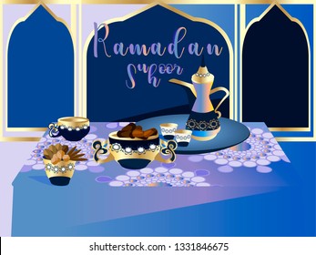 Suhoor – the pre-dawn meal.Coffee and sweet dates for Islamic Holy Month.Coffee House in Dubai.Vector for design flyer, invitation, card, poster.
