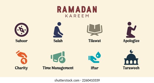 Suhoor, Salah, Quran tilawat, Iftar, Taraweeh, Apologize icon for templates, websites, posters, cards, banners, social, presentations and print media