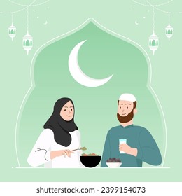 Suhoor time in ramadan month illustration, couple eating suhoor together