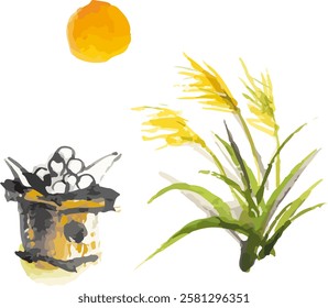 Suiboku-ga Jugoya, Mid-Autumn Harvest Moon, and Japanese Custom Moon Viewing Vector Illustration