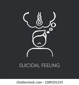Suicidal feeling chalk icon. Depressive thoughts. Vulnerable person. Pain and worry. Anxiety. Hang attempt. Death attempt prevention. Mental health. Isolated vector chalkboard illustration