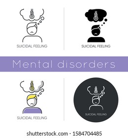 Suicidal feeling icon. Depressive thoughts. Vulnerable person. Pain and worry. Anxiety. Death attempt prevention. Mental health. Flat design, linear and color styles. Isolated vector illustrations