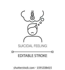 Suicidal Feeling Linear Icon. Depressive Thoughts. Hang Attempt. Death Attempt Prevention. Mental Health. Thin Line Illustration. Contour Symbol. Vector Isolated Outline Drawing. Editable Stroke