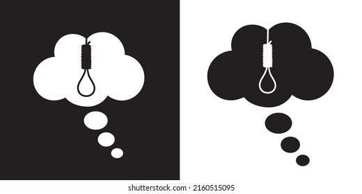 Suicidal ideation - comic thought Bubble with hangman's rope, noose and halter. Depressive adea to kill and commit suicide by hanging. Black and white cector illustration.