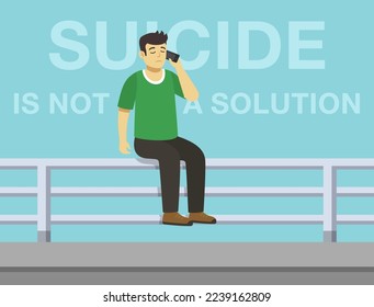 Der selbstmörderische Mann ist dabei, von der Brücke zu springen. Männlicher Charakter sitzt auf einem Geländer der Brücke und reden auf dem Telefon. Selbstmord ist keine Lösung. Flache Vektorgrafik-Vorlage.