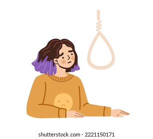 Suicidal thoughts of death, harming yourself. Young woman think about suicide by hanging in the rope, suffering from depression. Hand drawn character vector illustration.