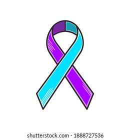 Suicide awareness teal purple ribbon. Flat style illustration. Isolated on white background. 