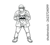 Suicide bomber with dynamite cartoon vector, hand drawing. Flat design, isolated on white background.
