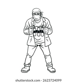 Bombardeiro suicida com vetor de desenho animado dinamite, desenho à mão. Design plano, isolado em fundo branco.

