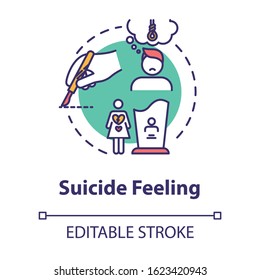 Suicide feeling concept icon. Suicidal ideation. Mental disorder, depression. Health care. Psychiatric illness idea thin line illustration. Vector isolated outline RGB color drawing. Editable stroke