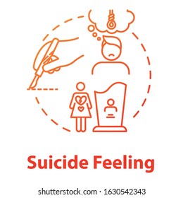 Suicide feeling concept icon. Suicidal ideation. Mental disorder, depression. Health care. Psychiatric illness idea thin line illustration. Vector isolated outline RGB color drawing