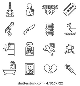 suicide icons set. suicide methods collection. Thin line design