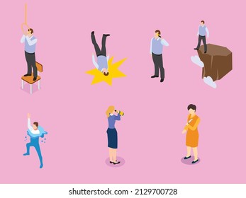 Concepto de vector isométrico suicida. Grupo de personas deprimidas haciendo diferentes métodos suicidas