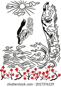 The Suicide Of A Japanese Lady While She Is Falling From A Rocky Shore Into Waves  - Vector Imitation Of Ink Drawing