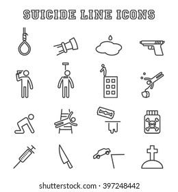 suicide line icons, mono vector symbols